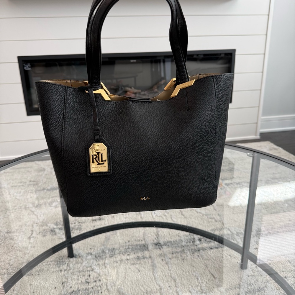 Ralph Lauren Acadia Black Vegan Leather Tote Bag with Gold Accents
